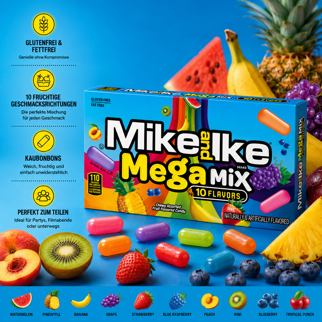 Mike and Ike - Chewy Flavored Candy "Mega Mix - 10 Flavors" (120 g)