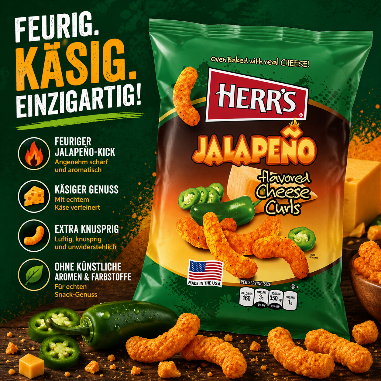 Herr's - flavored Baked Cheese Curls "Jalapeno" (170g)