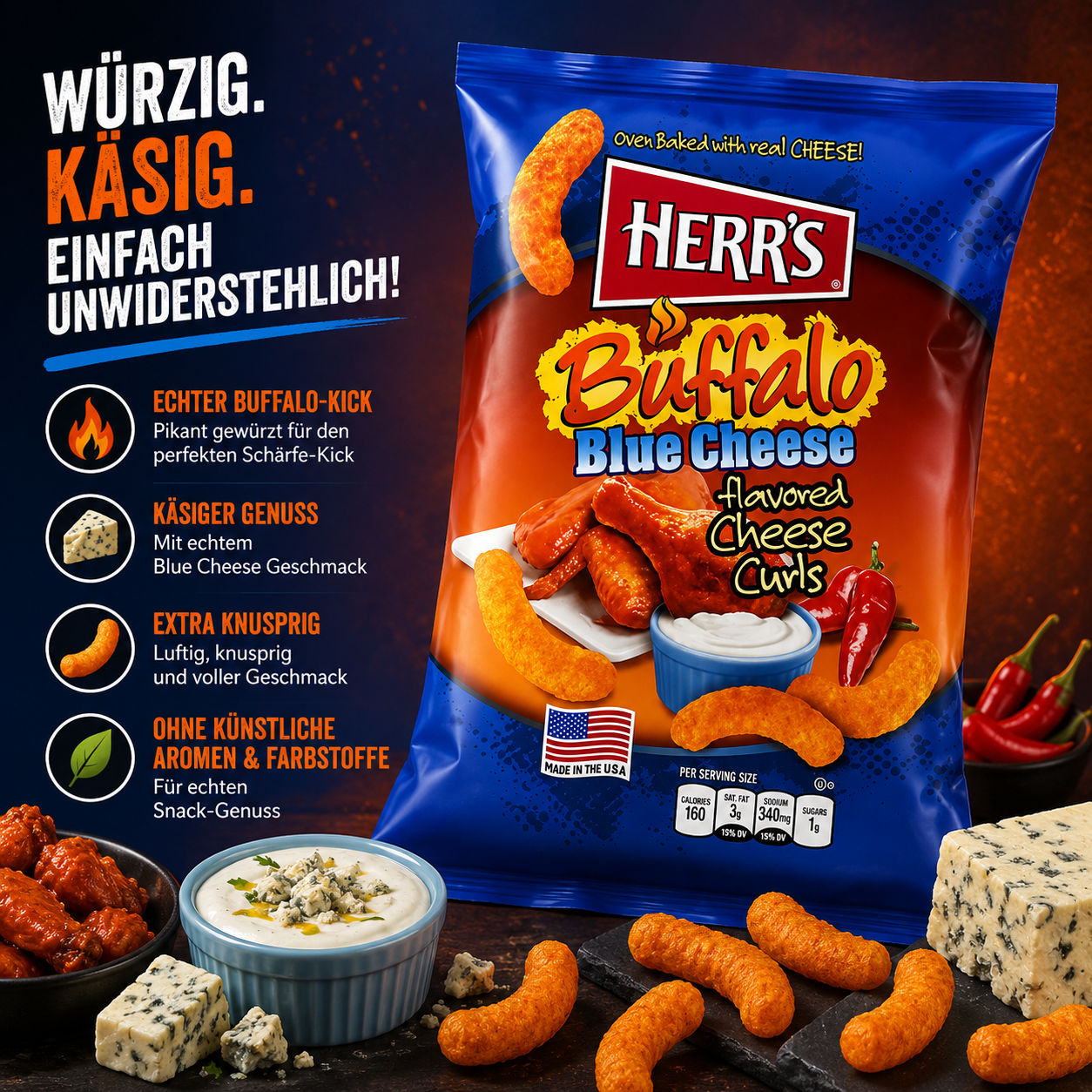 Herr's - flavored Cheese Curls "Buffalo Blue Cheese" (170 g)