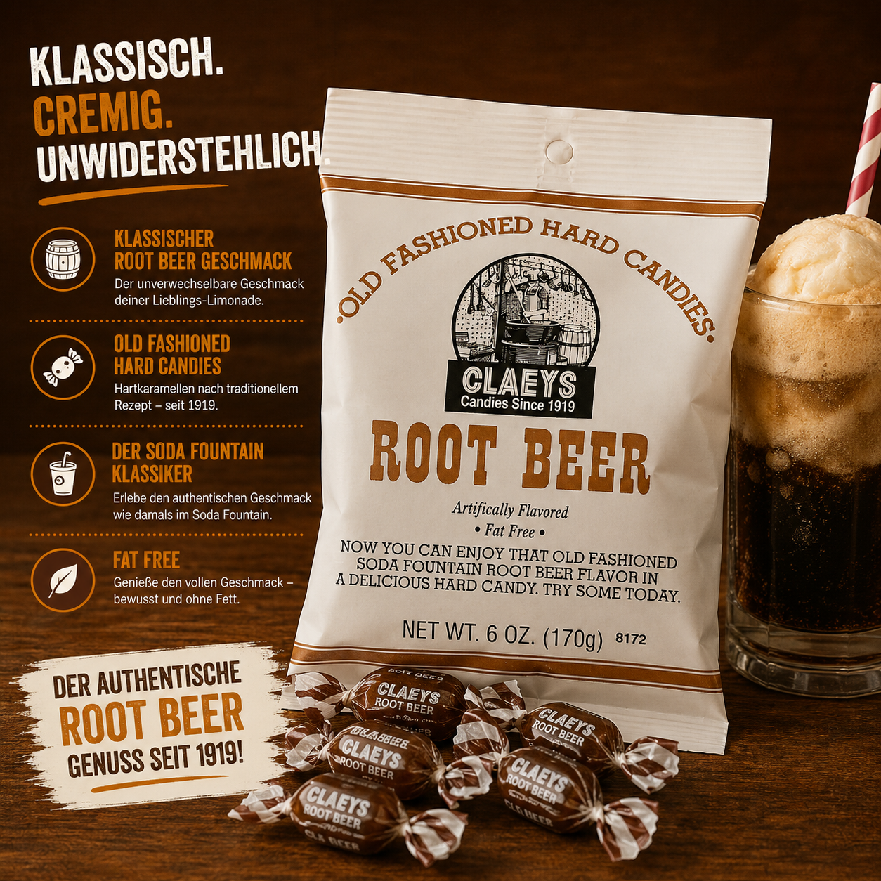 Claeys - Old Fashioned Hard Candies "Root Beer" (170 g)