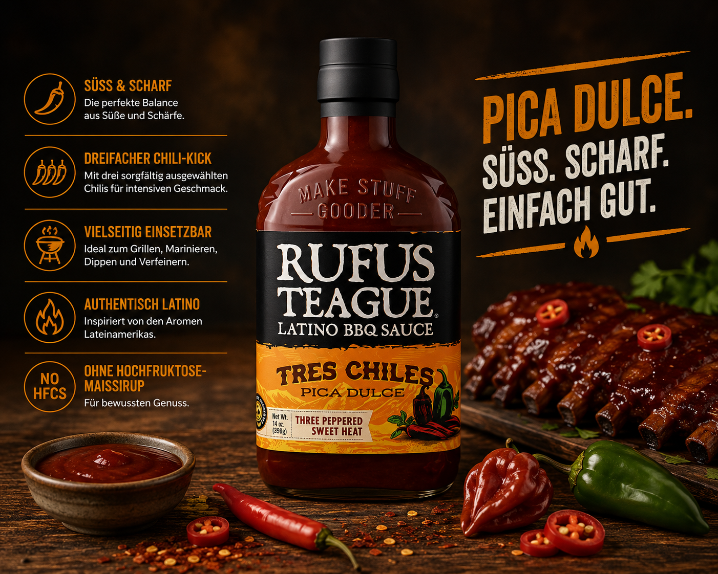 RUFUS TEAGUE - BBQ-Sauce "Tres Chiles" (396 g)