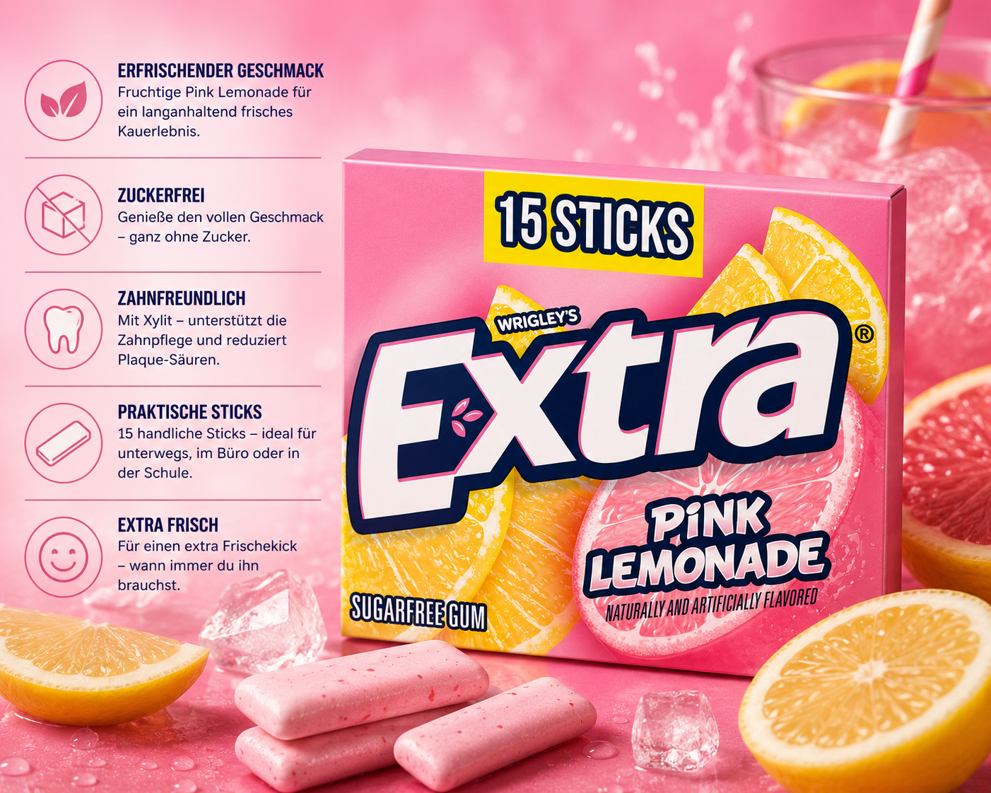 Wrigley's Extra - "Pink Lemonade" sugar free (15 Sticks)